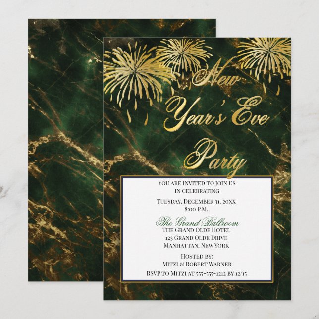 Elegantes Grün| Gold-Marmor-Silvester-Party Einladung (Vorne/Hinten)