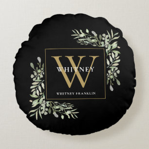 Elegantes Grün Gold Monogramm Schwarz Rundes Kissen