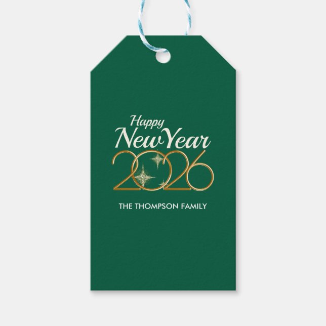 Elegantes Grün & Gold „Neujahr 2026“ Personalisier Geschenkanhänger (Vorderseite)