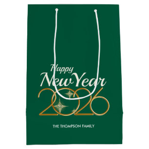 Elegantes Grün & Gold „Neujahr 2026“ Personalisier Mittlere Geschenktüte