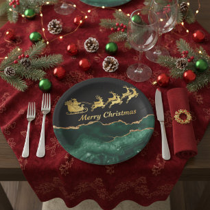 Elegantes Grün Gold Weihnachtsmann-Schlitten Frohe Pappteller