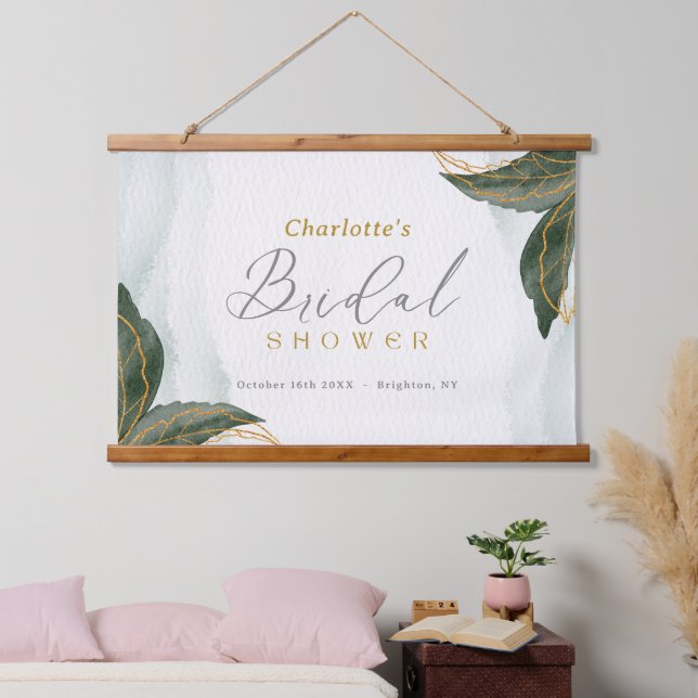 Elegantes Grün Goldenes Brautparty Wandteppich Mit Holzrahmen (Schlafzimmer)