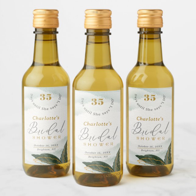 Elegantes Grün Goldenes Brautparty Weinetikett (Flaschen)