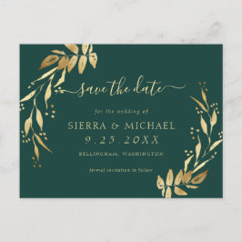 Elegantes grün goldenes Foliage Save the Date Ankündigungspostkarte
