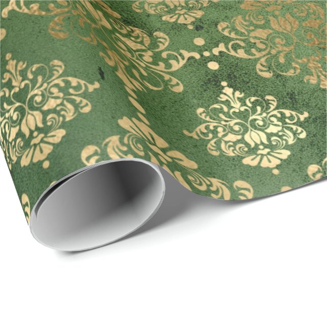 Elegantes grün-goldenes Weihnachtsdamastmuster Geschenkpapier (Rolleneckpunkt)