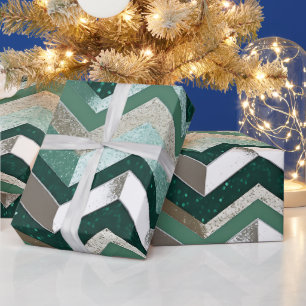 Elegantes Grün Metallisches Silber Chevron-Muster Geschenkpapier