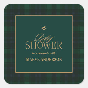 Elegantes Grün-Navy-Gold-Karo-Tartan-Baby-Shower Quadratischer Aufkleber