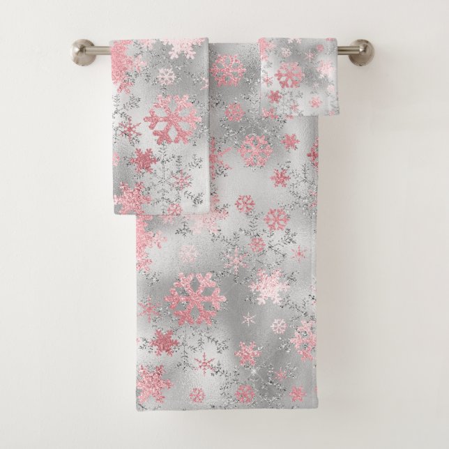 Elegantes Grün-Rosa Weihnachtsschneeflockenmuster Badhandtuch Set (Insitu)