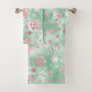 Elegantes Grün-Rosa Weihnachtsschneeflockenmuster Badhandtuch Set