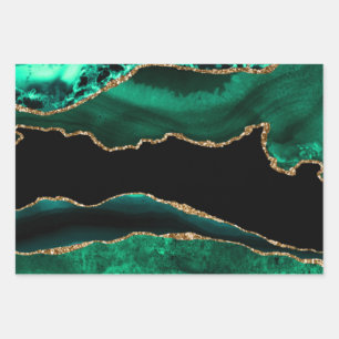 Elegantes Grün und Gold Faux Glitter Achat Geschenkpapier Set