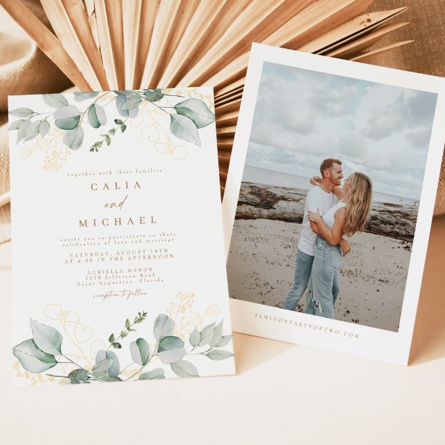 Elegantes Grün und Gold Foto Hochzeit Einladung (Elegant watercolor greenery wedding invitation with photo backside)