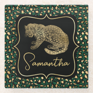 Elegantes Grün- und Gold-Leopard- und Punkte-Muste Glasuntersetzer