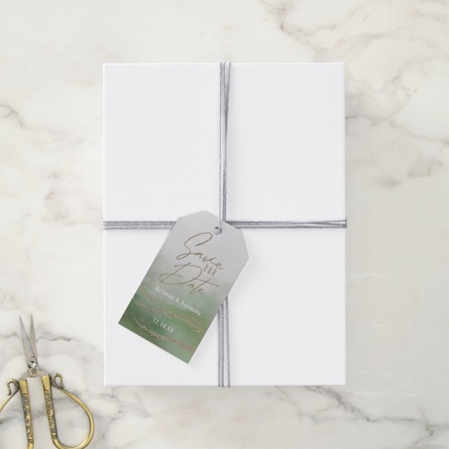 Elegantes Grün und Gold Save the Date Geschenkanhänger (Mit Garn)