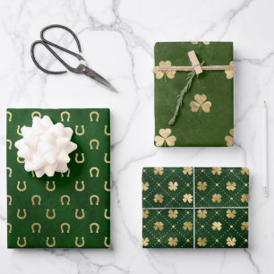Elegantes Grün und Gold Shamrock St. Patrick's Day Geschenkpapier Set