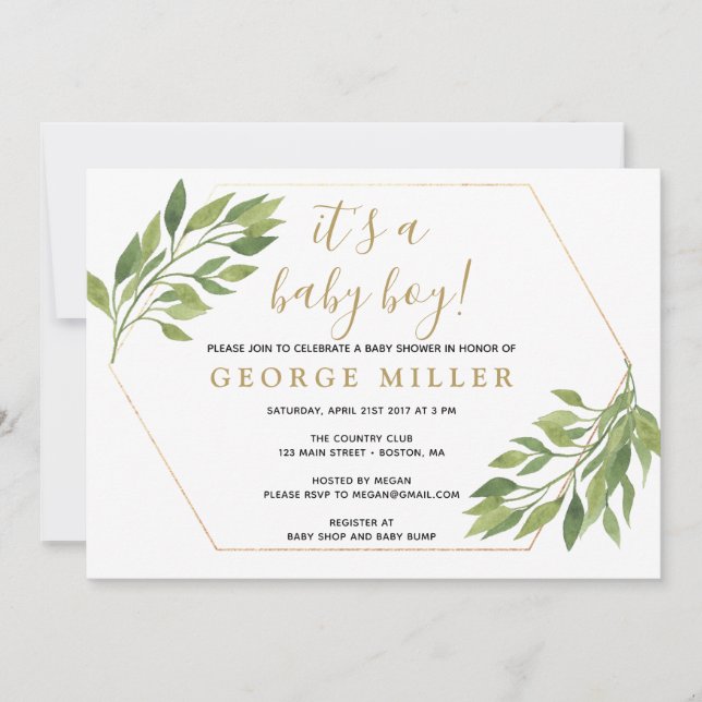 Elegantes Grün und goldene Einladung der Babydusch (Vorderseite)