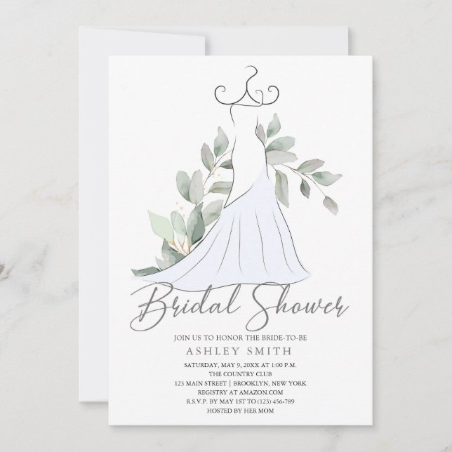 Elegantes Grün und Hochzeitskleid Brautparty Einladung (Vorderseite)