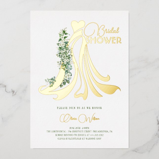 Elegantes Grün und Hochzeitskleid Brautparty Folieneinladung (Vorderseite)