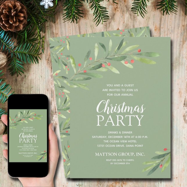 Elegantes Grün Weihnachts-Party Einladung (Elegant Greenery Christmas Holiday Invitations - INSTANT DOWNLOAD and/or PRINTED)