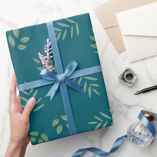 Elegantes grünes Blatt Papier zum dunklen Aquamari Geschenkpapier (Schenken)