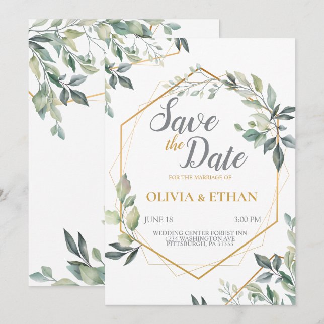 Elegantes grünes Blätter Hochzeitsvorlage Einladung (Vorne/Hinten)