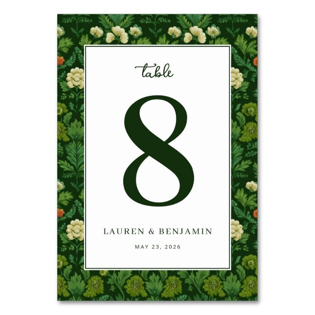 Elegantes grünes Blumendesign Tischnummer (Vorderseite)