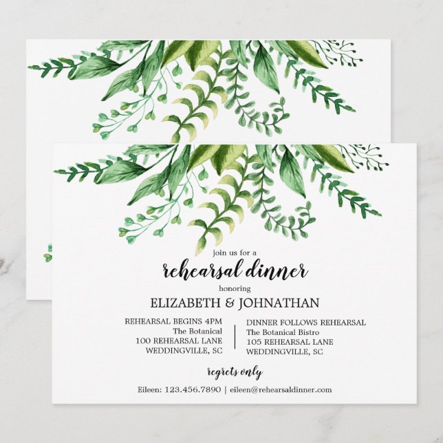 Elegantes grünes botanisches Hochzeitessen Probe D Einladung (Vorne/Hinten)
