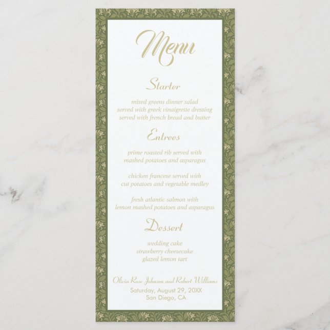 Elegantes grünes Botanisches Hochzeitsmenü Menükarte (Vorderseite)