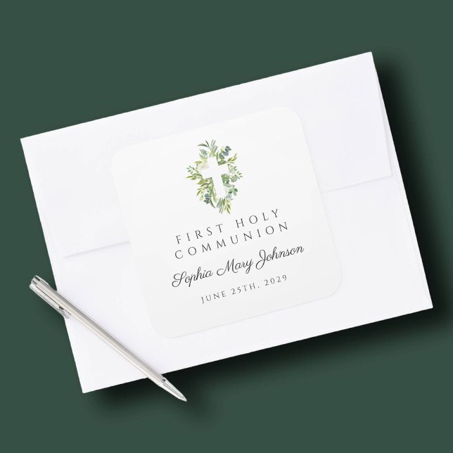Elegantes grünes botanisches Kreuz Erste Kommune Quadratischer Aufkleber (Elegant Green Botanical Cross First Communion Square Sticker)