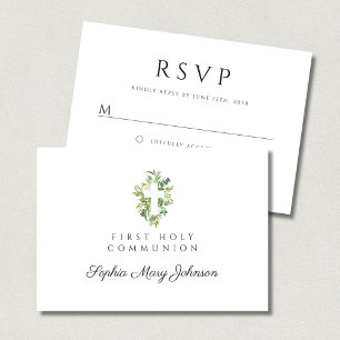 Elegantes grünes botanisches Kreuz Erste Kommune RSVP Karte