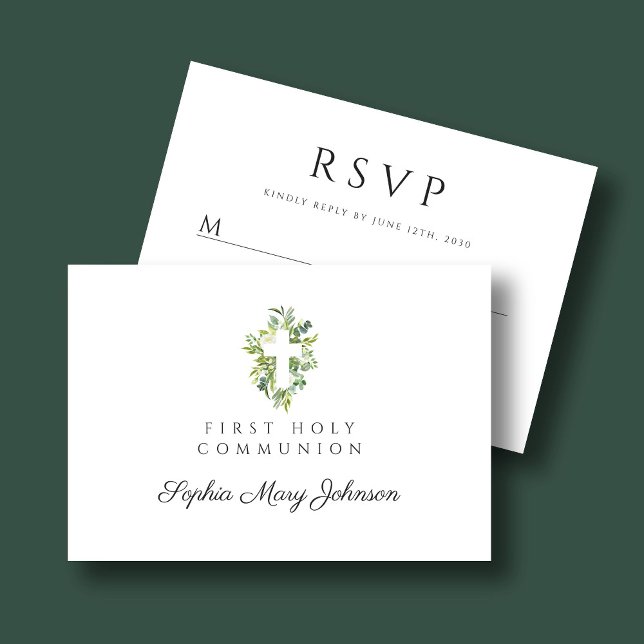 Elegantes grünes botanisches Kreuz Erste Kommune RSVP Karte (Elegant Green Botanical Cross First Communion RSVP Card)