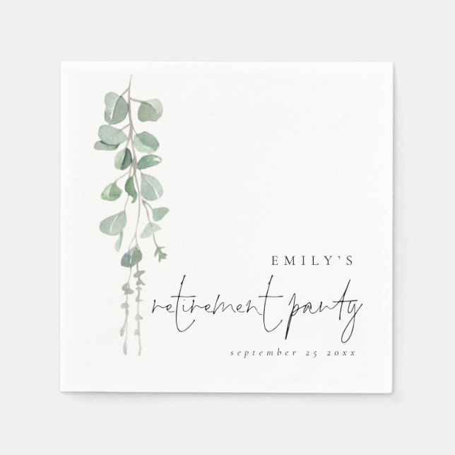 Elegantes grünes Eucalyptus Name Retirement Party Serviette (Vorderseite)