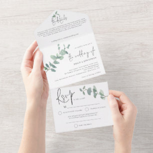 Elegantes grünes Eukalyptus-Skript zur Hochzeit All In One Einladung