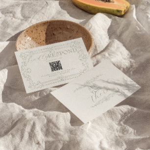 Elegantes, grünes, florales Old-Money-QR-Code-Wedd RSVP Karte
