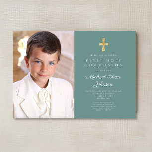 Elegantes Grünes Foto Boy First Communion Einladung
