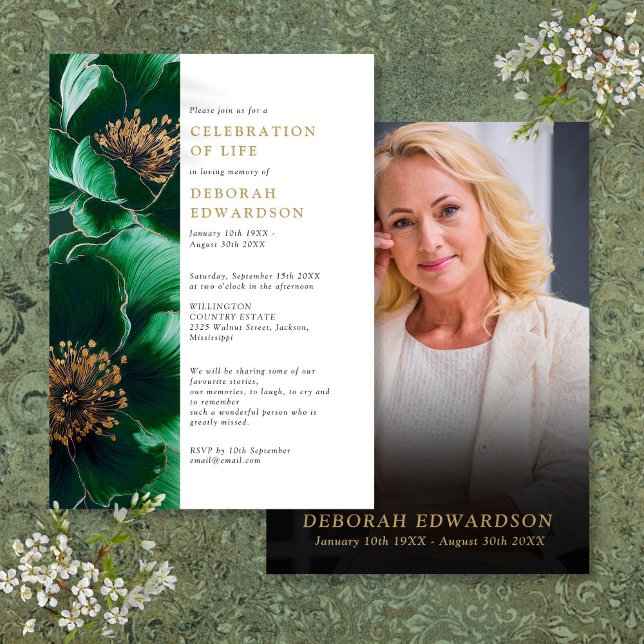 Elegantes grünes Foto Einladung (Elegant Green Floral Celebration Of Life Photo Invitation)