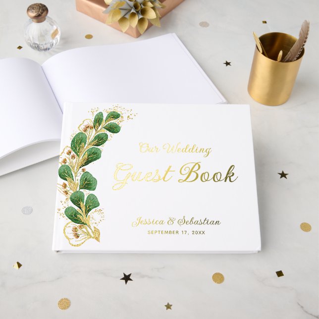 Elegantes Grünes Foto Weiß und Gold Hochzeit Gästebuch (Vorderseite offen)