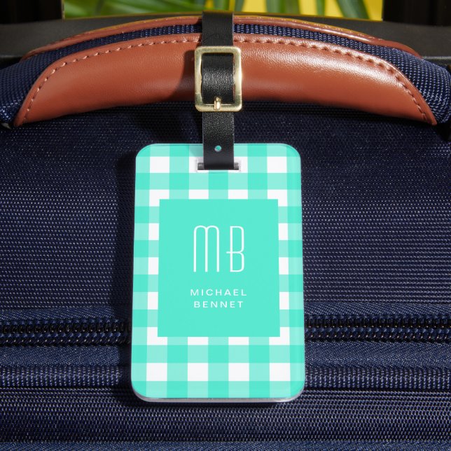 Elegantes grünes Gingham-Monogramm Gepäckanhänger (Vorderseite Insitu 2)