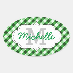 Elegantes grünes Gingham-Muster personalisierter N Ovaler Aufkleber