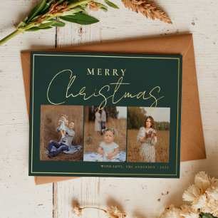 Elegantes grünes Gold Drei-Foto Collage mit Rahmen Folien Feiertagspostkarte