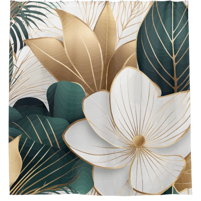 Elegantes grünes Gold und weiße Blüten Duschvorhang (Vorderseite)