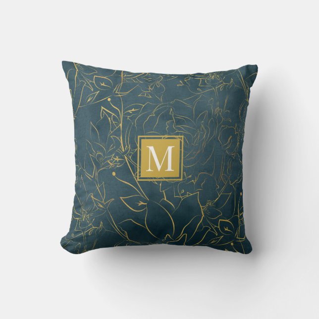 elegantes, grünes Goldblumenmonogram Kissen (Vorderseite)