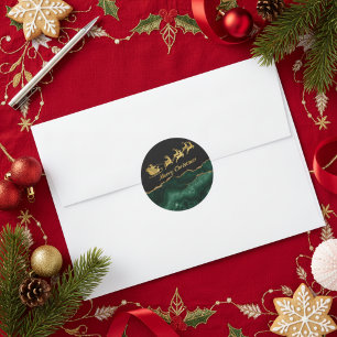 Elegantes grünes goldenes Weihnachtsschlitten-Froh Runder Aufkleber