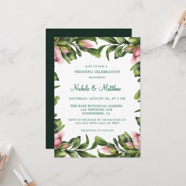 Elegantes Grünes Kraut Rosa Bud Wedding Celebratio Einladung (Vorderseite/Rückseite Beispiel)