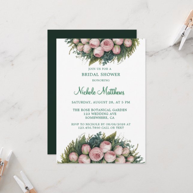 Elegantes grünes Kraut-Rosa-Buds-Brautparty Einladung (Vorderseite/Rückseite Beispiel)