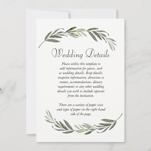 Elegantes grünes Leaf-Hochzeitsempfang Details Einladung (Vorderseite)