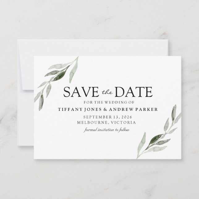 Elegantes grünes Leaf-Hochzeitstil rettet das Datu Save The Date (Vorderseite)
