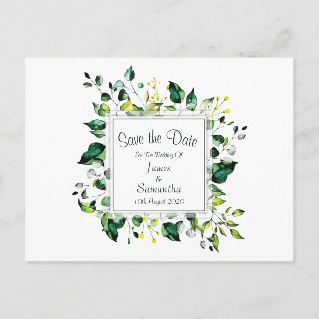 Elegantes grünes Leaf | Save The Date Ankündigungspostkarte (Vorderseite)