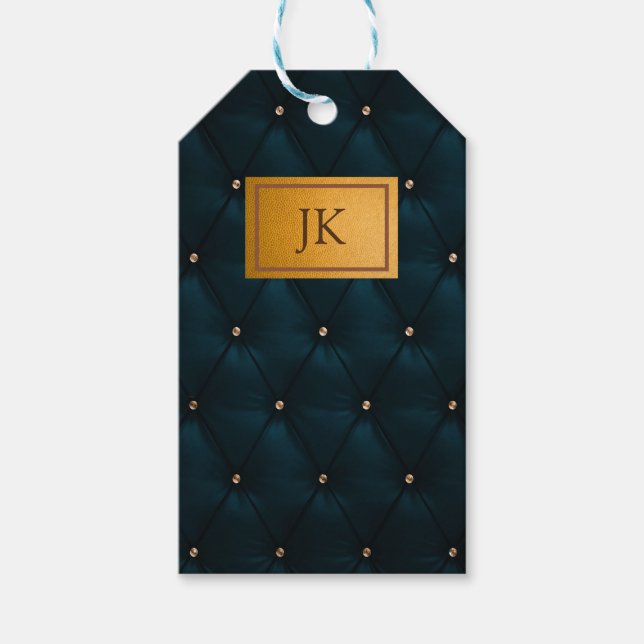 Elegantes grünes Leder, Diamanten, Monogramm Geschenkanhänger (Vorderseite)