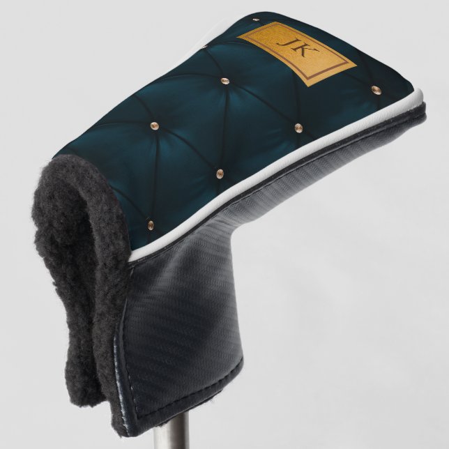 Elegantes grünes Leder, Diamanten, Monogramm Golf Headcover (3/4 Vorderseite)