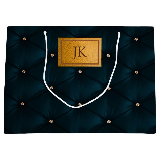 Elegantes grünes Leder, Diamanten, Monogramm Große Geschenktüte (Vorderseite)